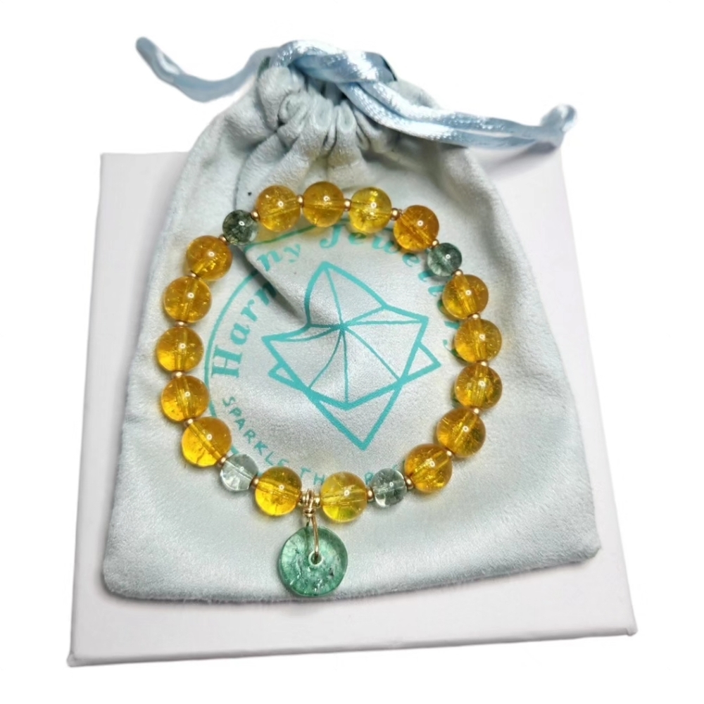 8 mm Citrine and Green Tourmaline Quartz charm bracelet
